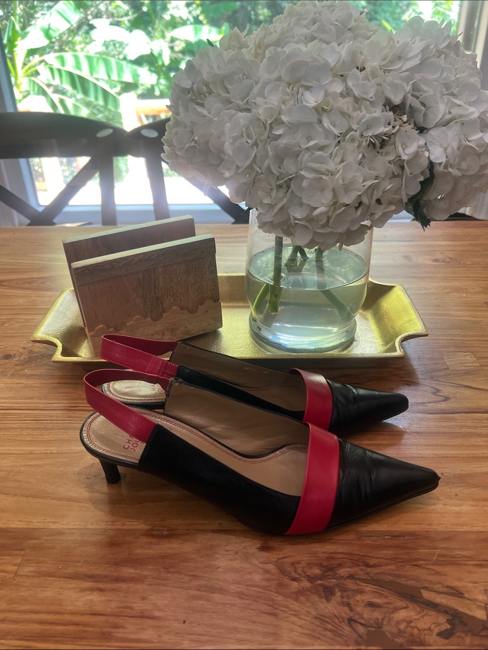 Vintage leather Charles Jordan Paris Pump Kitten Heel black Red Sling women 8
